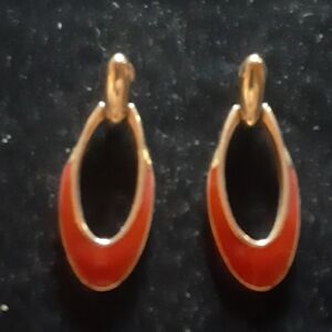 Elegant Gold Tone and Red Hoop Earrings